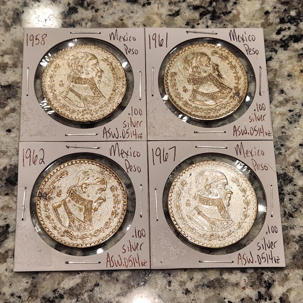 Lot of 4 Mexico Silver Un Peso World Coins 1958 1961 1962 1967